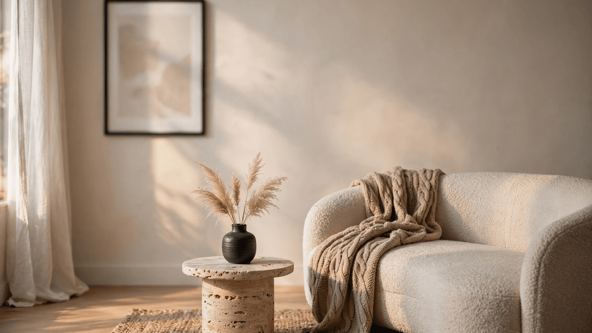 Sunlight falling across a cream armchair, a knitted throw and a stone side table with dried grasses.