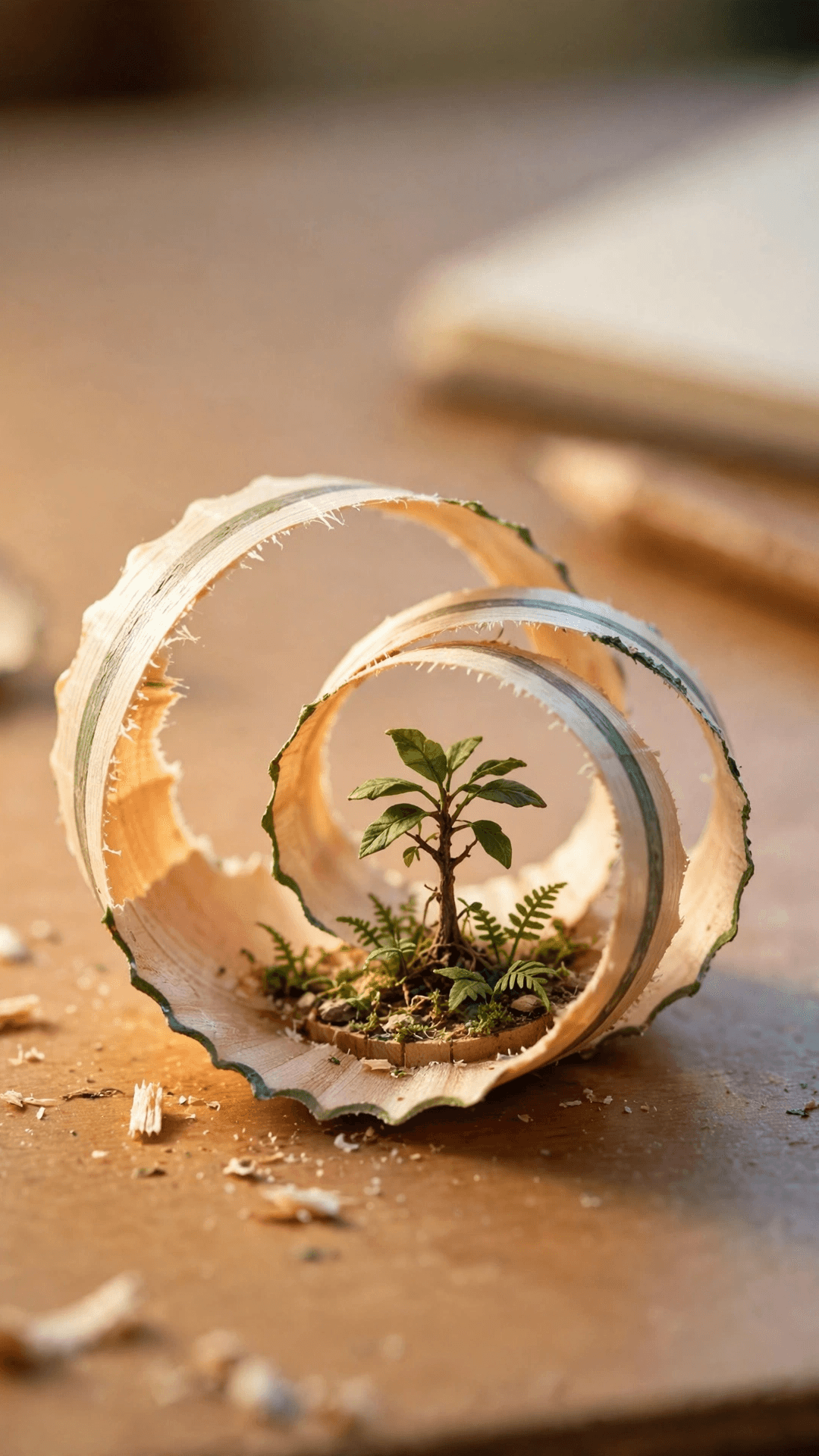A miniature rainforest growing inside curls of pencil shavings on a sunlit wooden table.