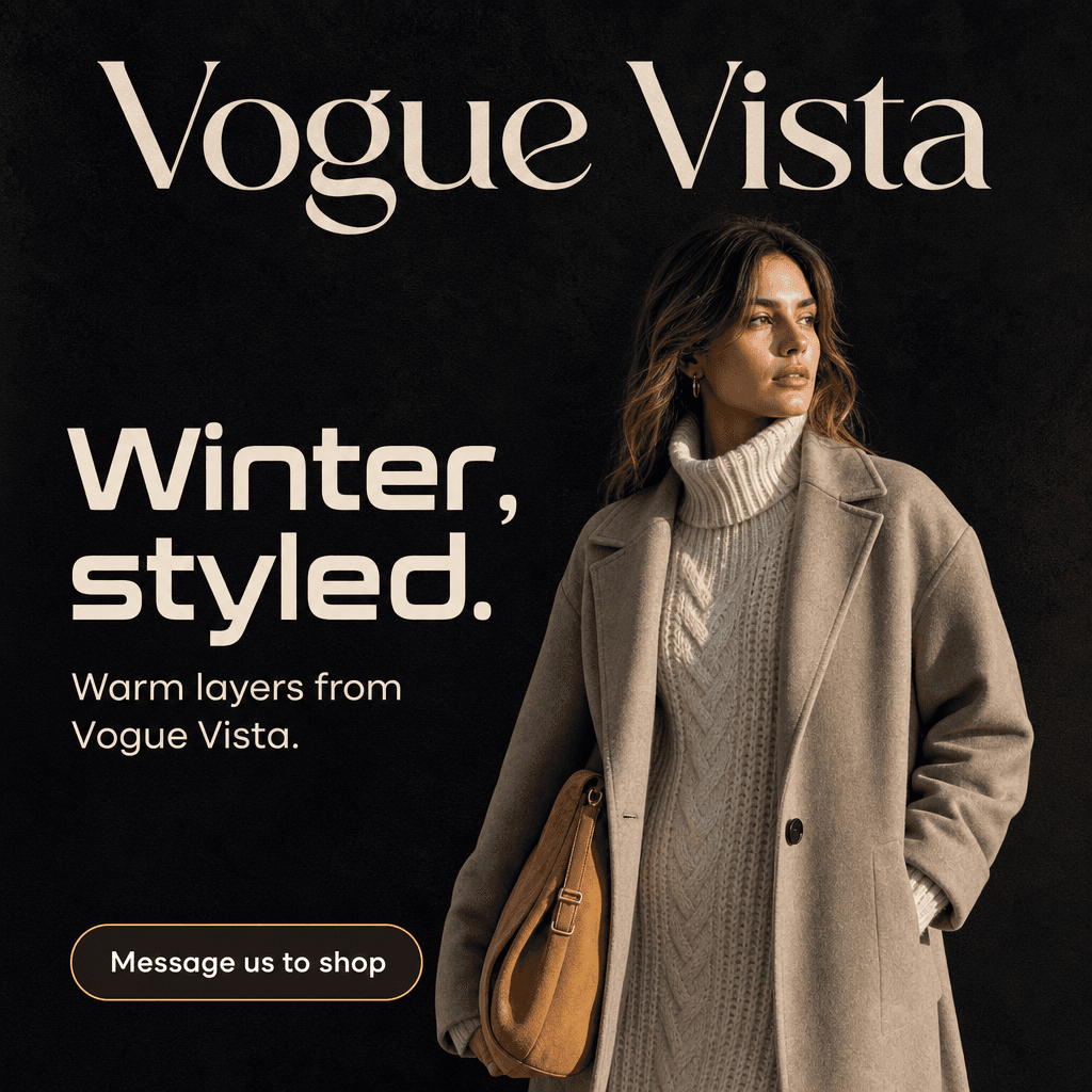 Vogue Vista winter advertisement with a woman in a wool coat and the words Winter, styled.